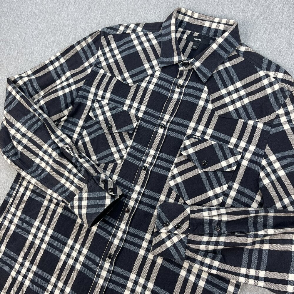 Diesel Western Pearl Snap Flannel Shirt Mens XL Navy Blue Heavy Cotton Flip Cuff